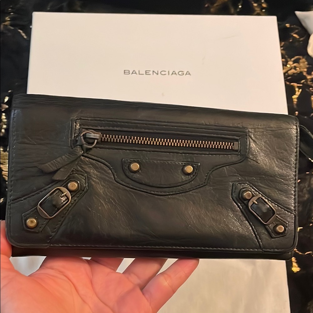 Balenciaga Black Leather Clutch with Gold Accents